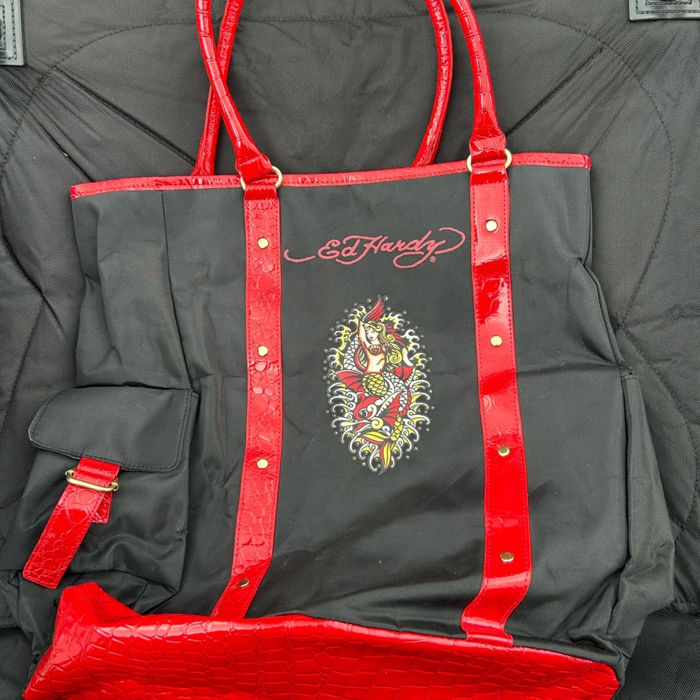 Ed Hardy Black Tote with Vibrant Red Accents